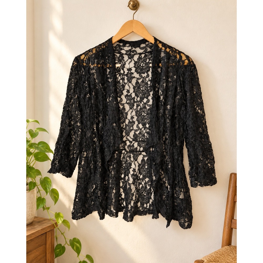 Black Floral Lace Open Front Cardigan 3/4 Sleeve Gothic Romantic NWT Medium